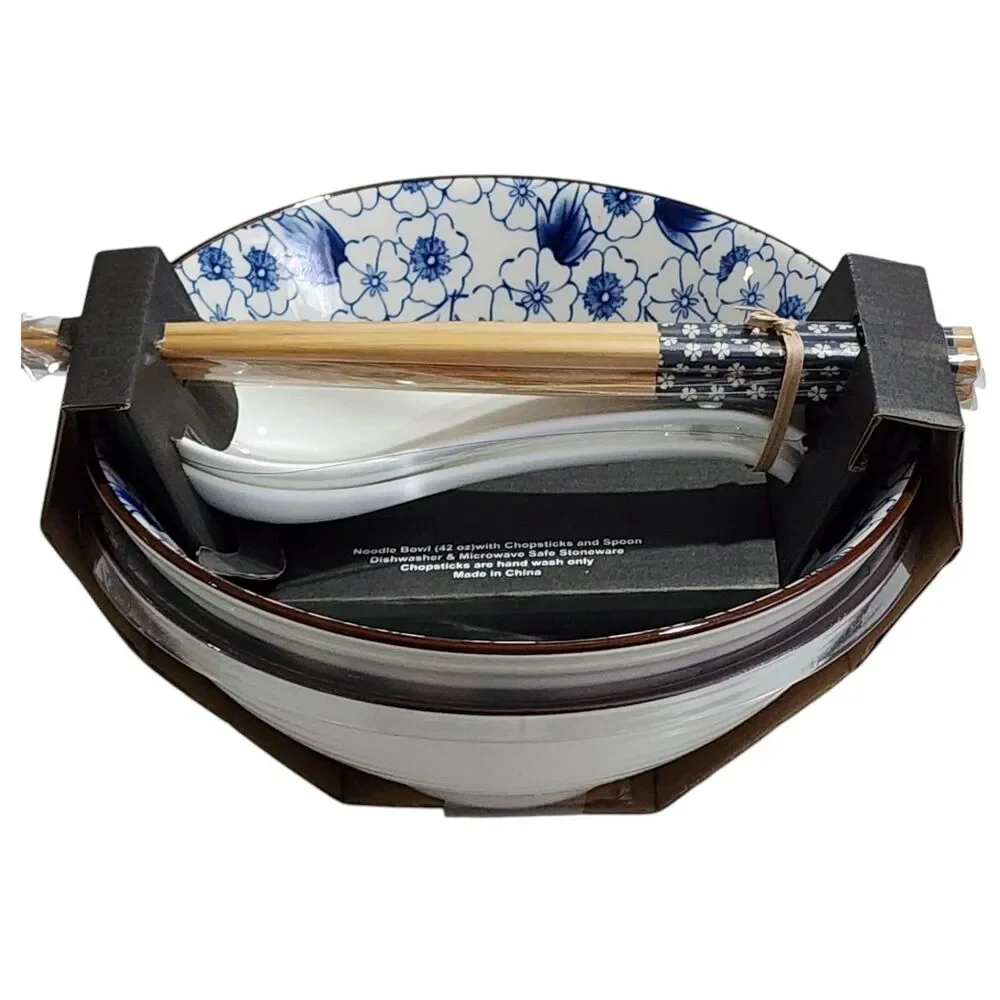 SH Home Blue Floral Ceramic Ramen Noodle Bowl Set of 2 With Chopsticks And Spoon
